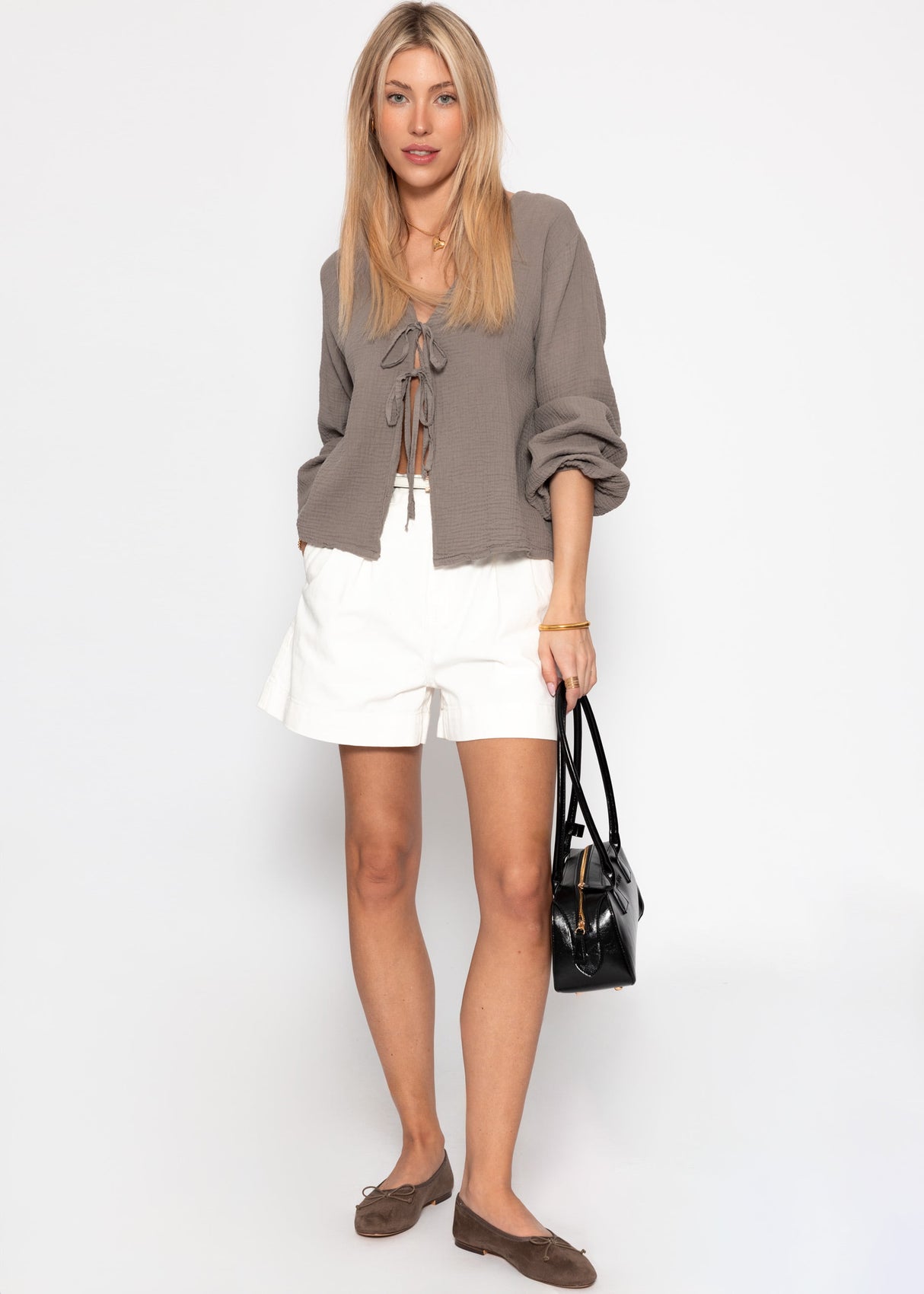 Muslin blouse jacket with ties - taupe