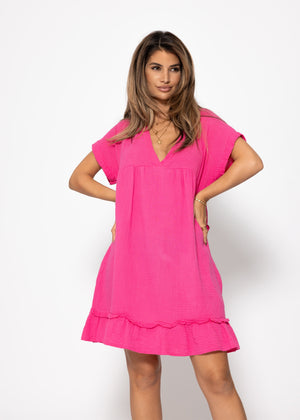 Musselin Kleid mit V-Ausschnitt - pink
