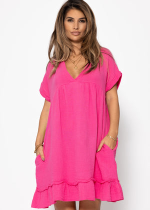 Musselin Kleid mit V-Ausschnitt - pink