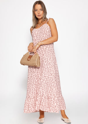 Musselin Maxi Kleid mit Leo-Print - rosa