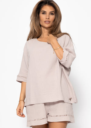 Musselin Pyjamashirt mit Spitzenborte - altrosa