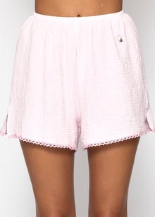 Muslin pyjama shorts with lace trim - pink