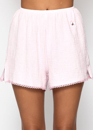 Muslin pyjama shorts with lace trim - pink