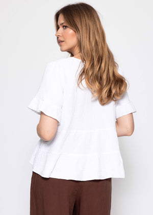 Musselin Shirt mit Volants und tiefem V-Ausschnitt - weiß
