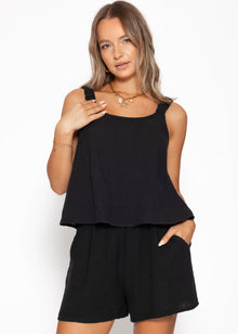Musselin top with gathered straps - black