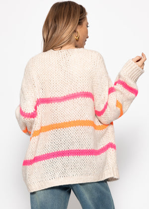 Oversize Cardigan mit pink und orange Streifen, offwhite