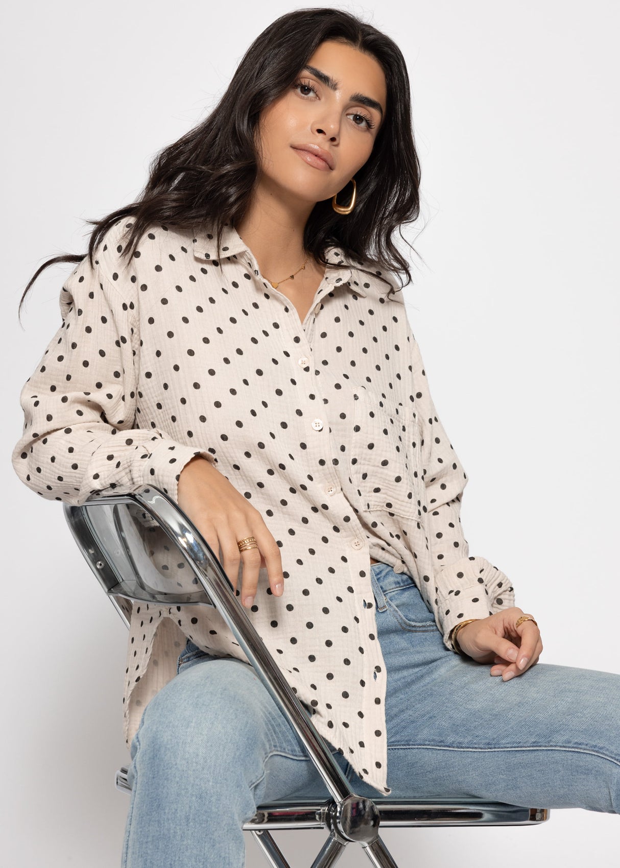Oversized Muslin Blouse with Brown Dots - Beige