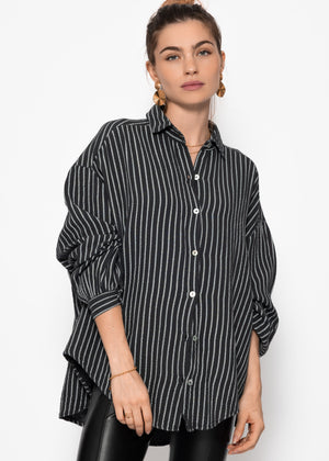 Oversize Musselin Bluse mit hellen Streifen - grau