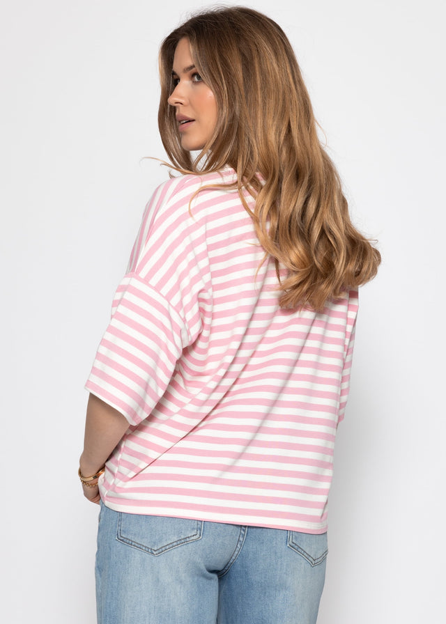 Oversized T-shirt with stripes - rose-white