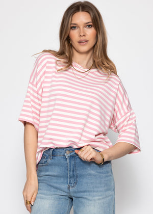 Oversize T-Shirt mit Streifen - rosa-weiß