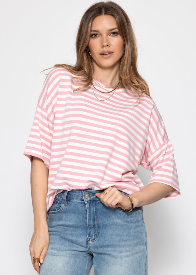 Oversized T-shirt with stripes - rose-white