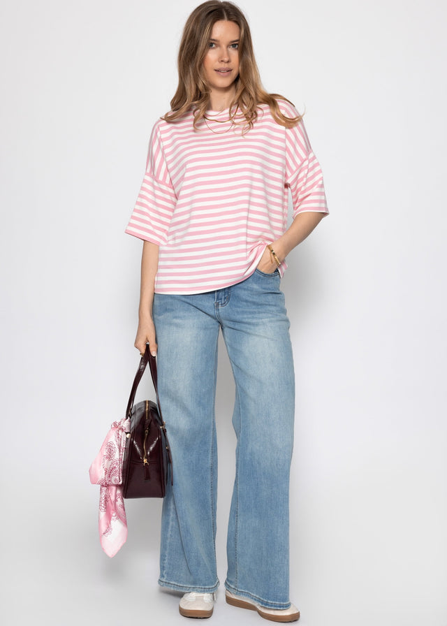 Oversized T-shirt with stripes - rose-white