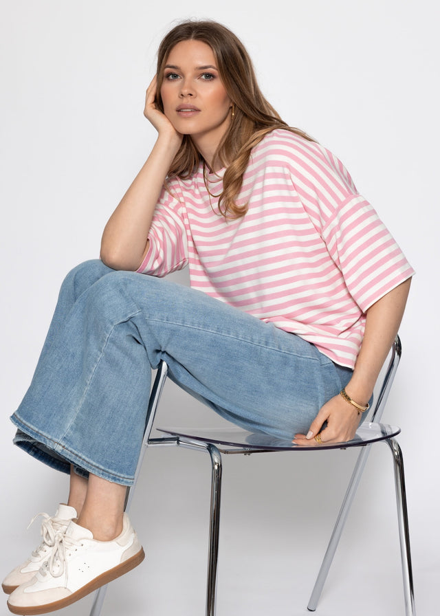 Oversized T-shirt with stripes - rose-white