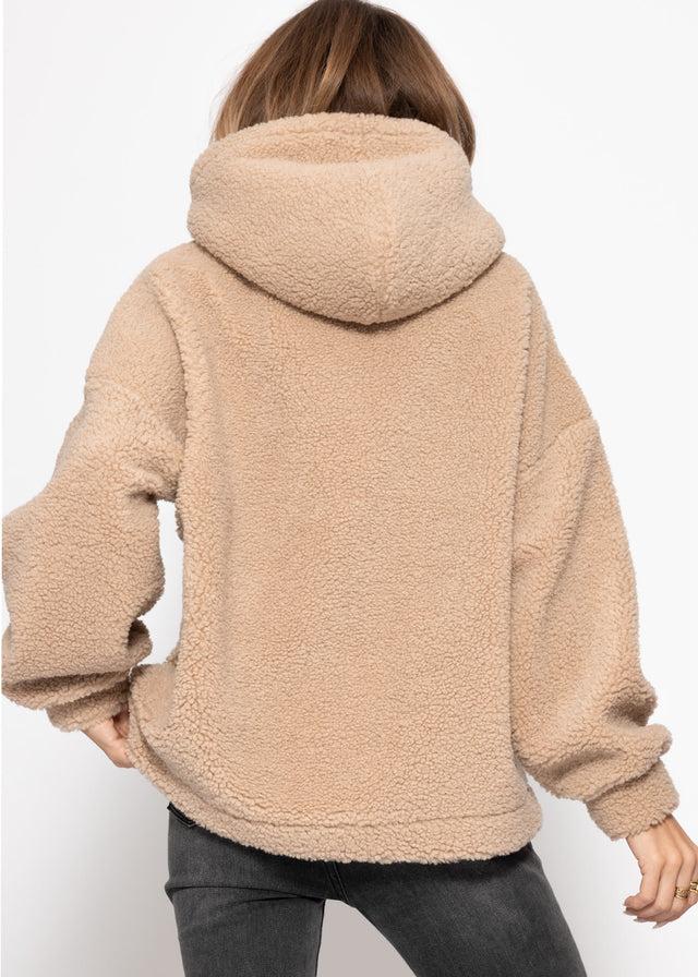 Oversized hooded teddy sweatshirt - beige brown