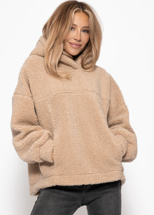Oversize Teddy Sweatshirt mit Kapuze -  beige