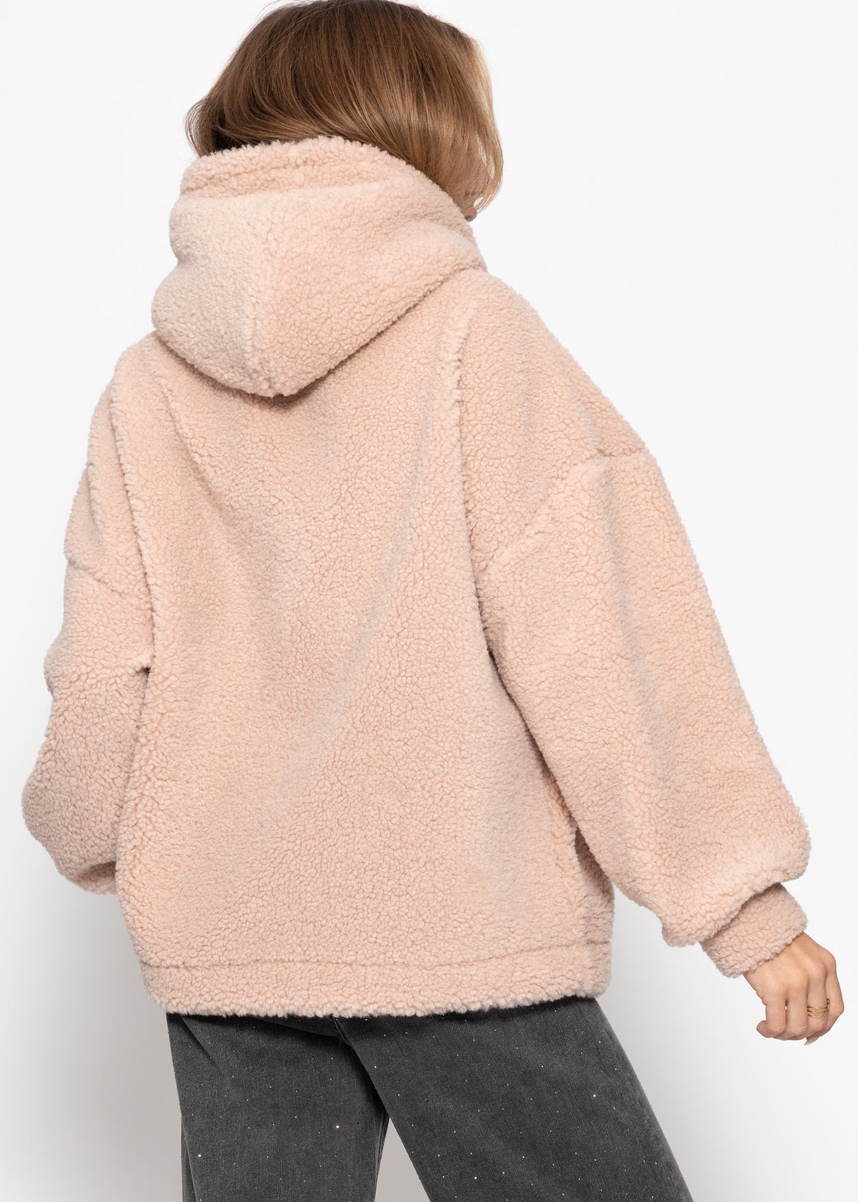 Oversize Teddy Sweatshirt mit Kapuze -  rosa