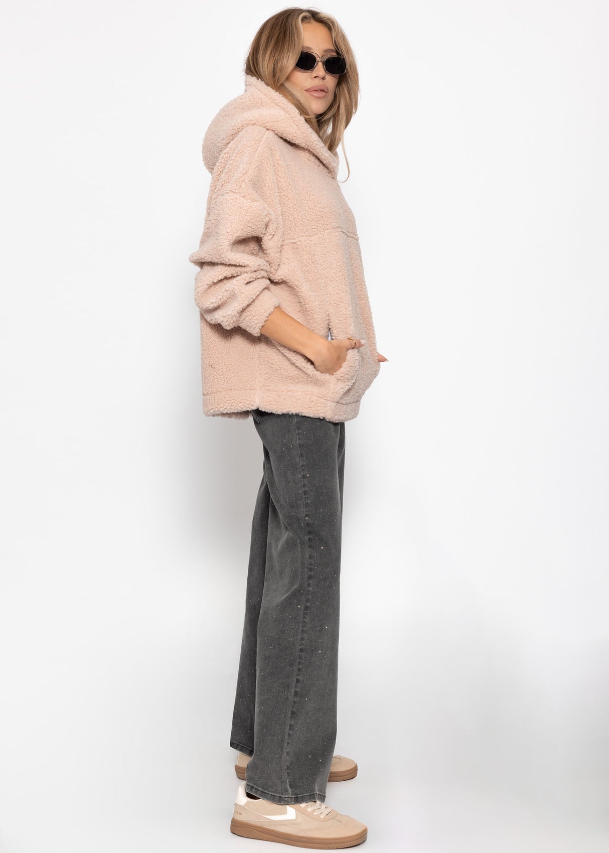 Oversize Teddy Sweatshirt mit Kapuze -  rosa