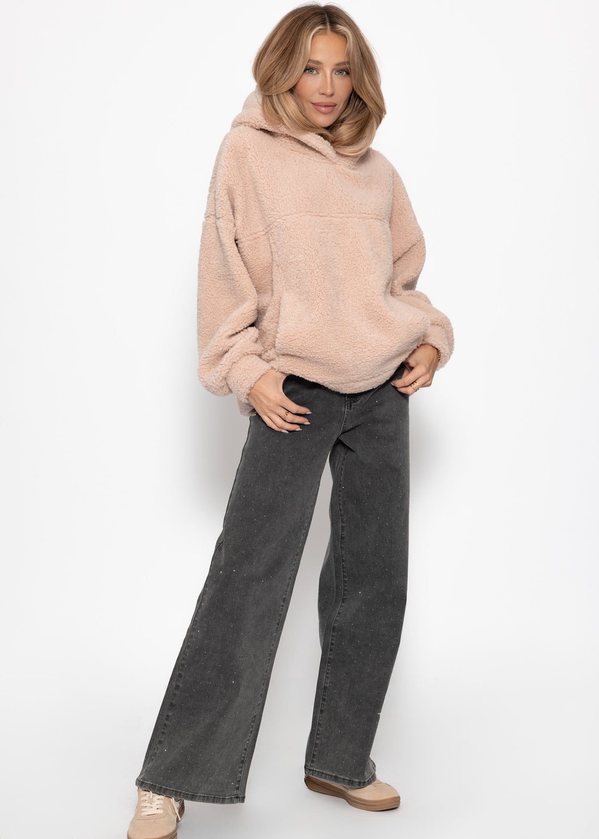 Oversize Teddy Sweatshirt mit Kapuze -  rosa