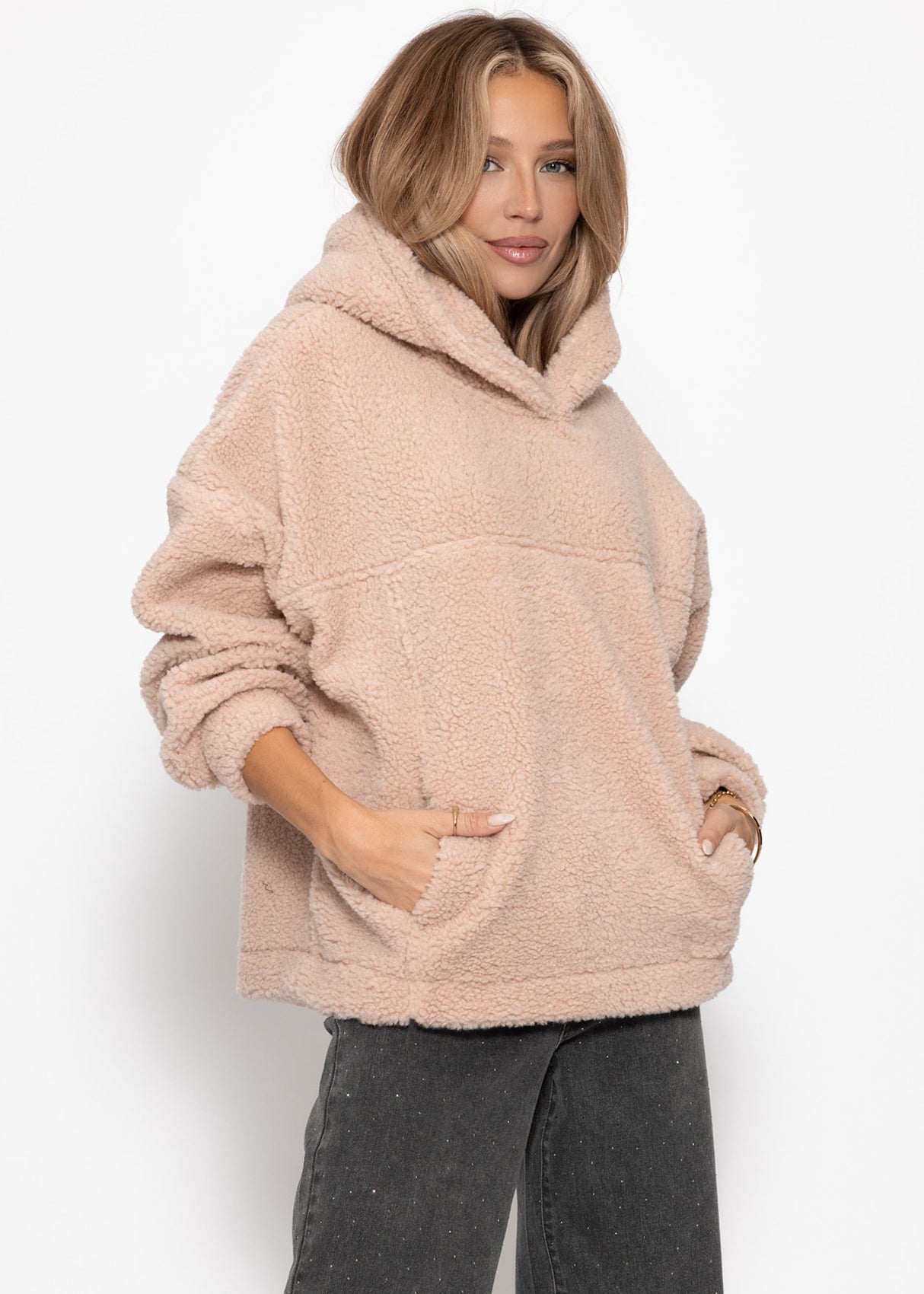 Oversize Teddy Sweatshirt mit Kapuze -  rosa