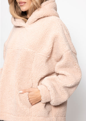 Oversize Teddy Sweatshirt mit Kapuze -  rosa