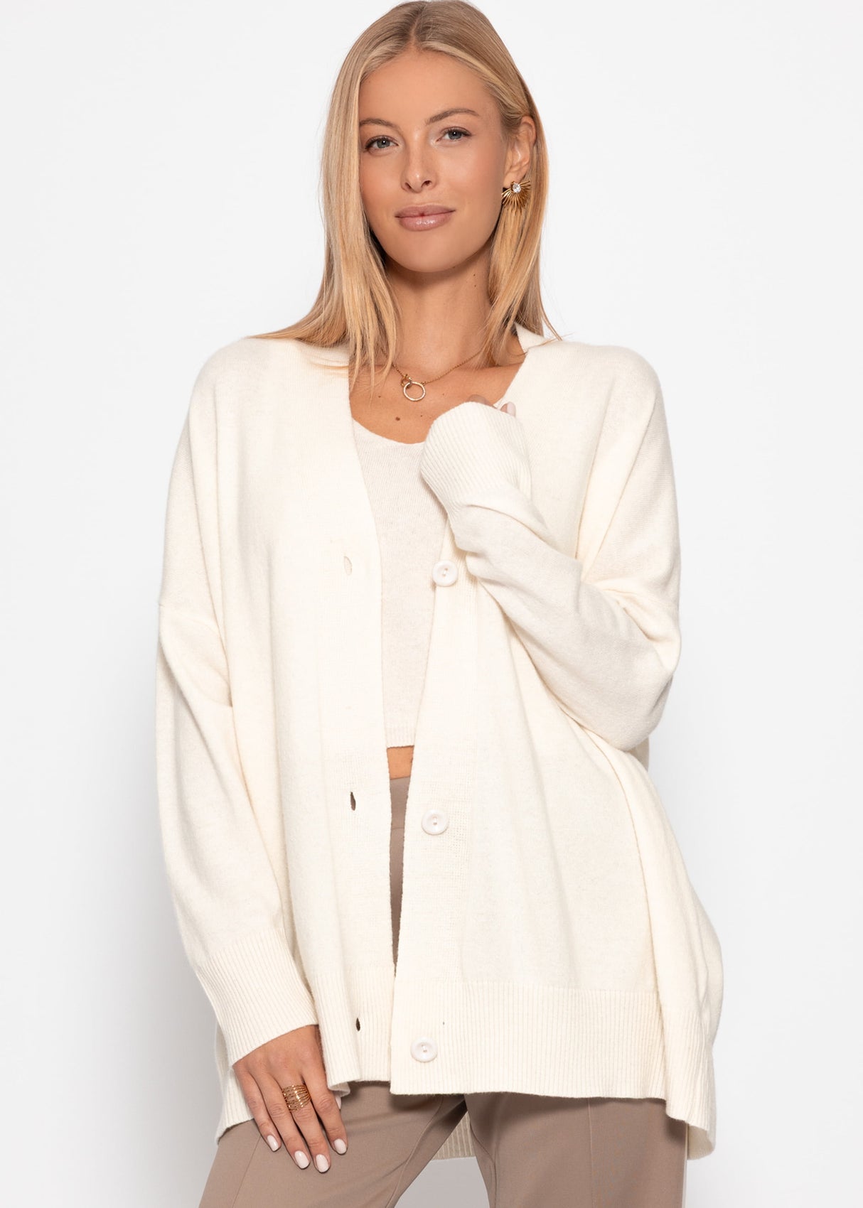 Oversized Cardigan mit V-Ausschnitt und Kaschmiranteil - offwhite