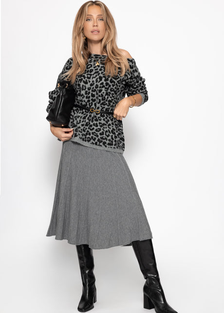 Pleated knit midi skirt - grey