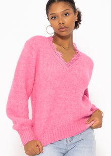 Pullover mit Spitzen-Ausschnitt - pink