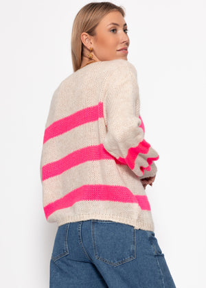 Pullover mit pink Streifen - hellbeige