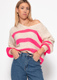 Pullover mit pink Streifen - hellbeige