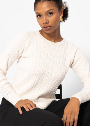 Raglan sweater with cable pattern - offwhite