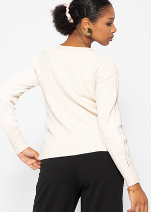 Raglan sweater with cable pattern - offwhite