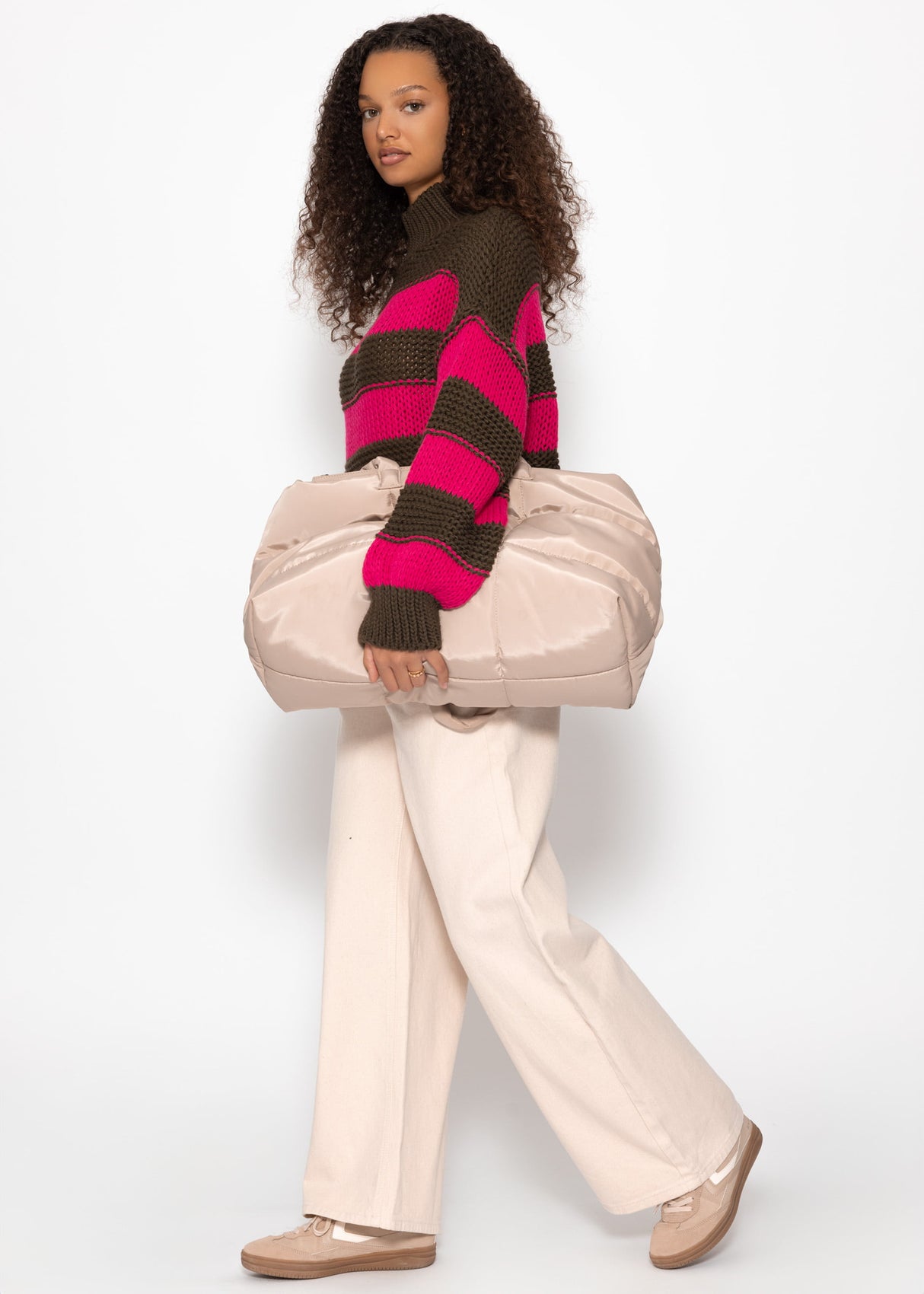 Rollkragenpullover mit Streifen, khaki-pink