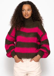 Rollkragenpullover mit Streifen, khaki-pink