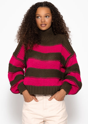 Rollkragenpullover mit Streifen, khaki-pink
