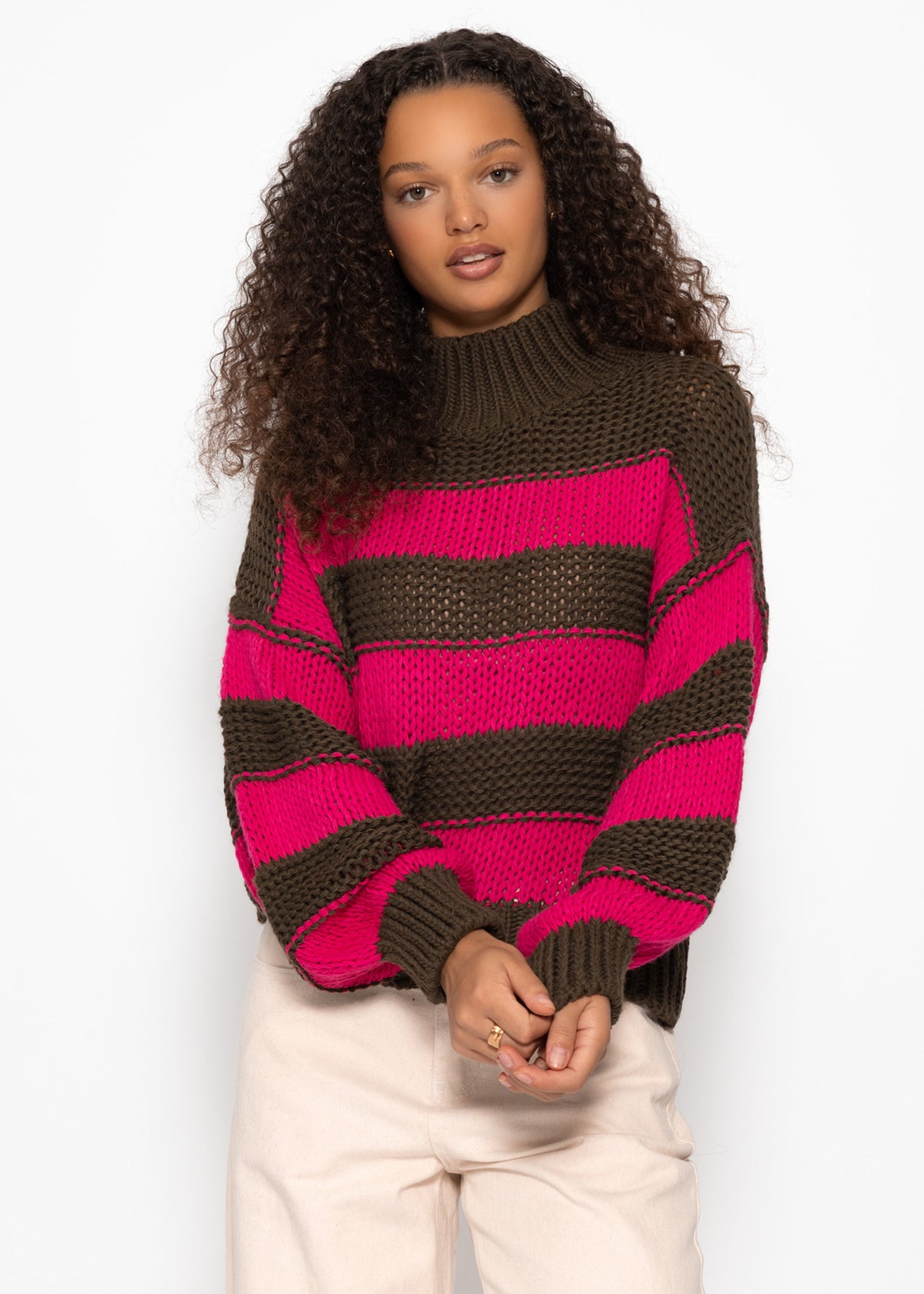 Rollkragenpullover mit Streifen, khaki-pink