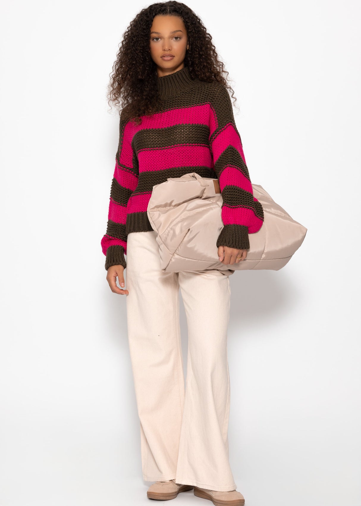 Rollkragenpullover mit Streifen, khaki-pink