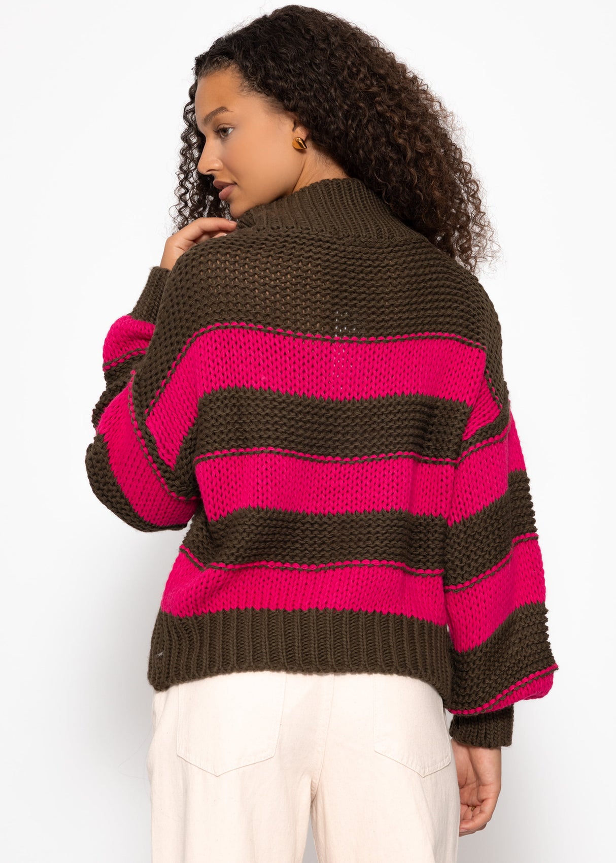 Rollkragenpullover mit Streifen, khaki-pink