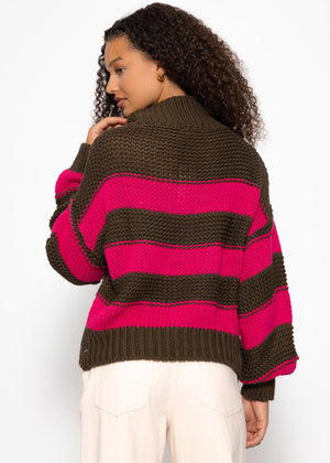 Rollkragenpullover mit Streifen, khaki-pink