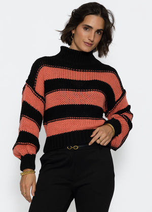 Rollkragenpullover mit Streifen - schwarz-rostrot