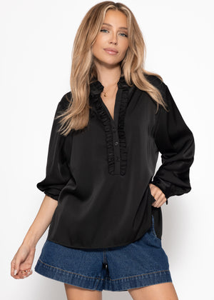 Satinbluse mit Rüschen - schwarz