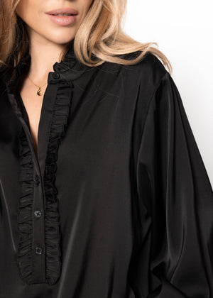 Satinbluse mit Rüschen - schwarz