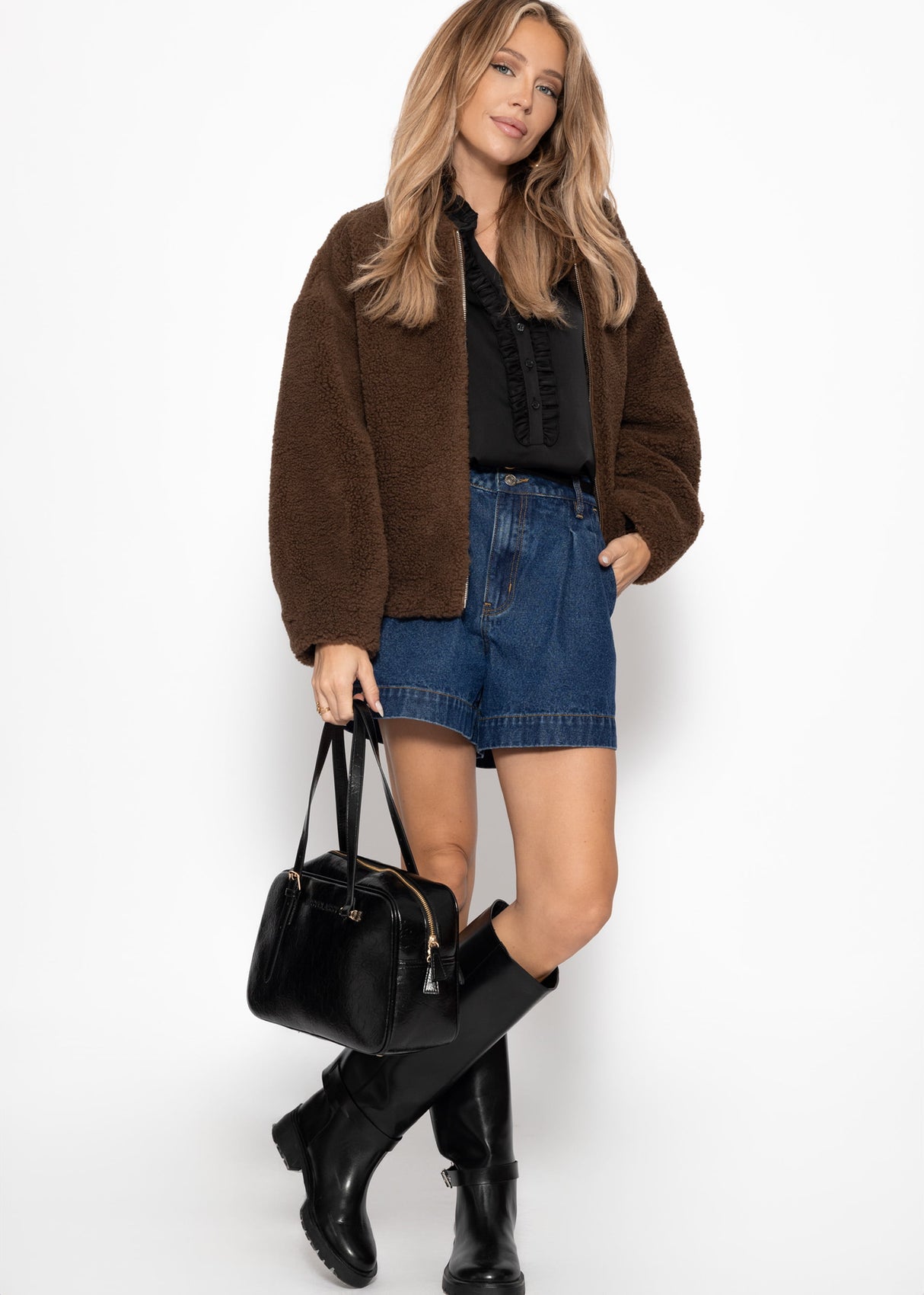 Satinbluse mit Rüschen - schwarz