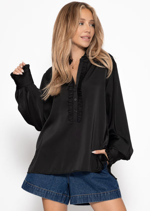 Satinbluse mit Rüschen - schwarz