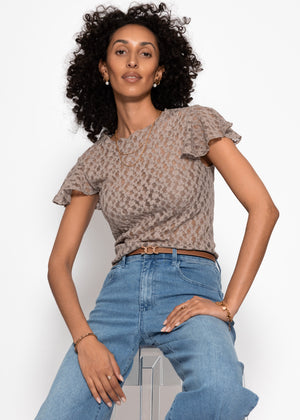 Spitzen T-Shirt mit Flügelärmel - taupe