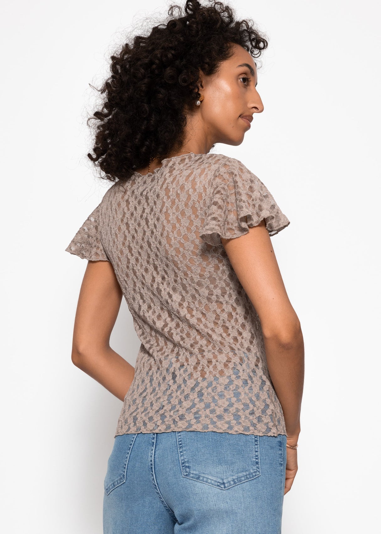 Spitzen T-Shirt mit Flügelärmel - taupe
