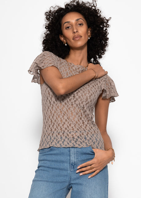 Lace T-shirt with flutter sleeves - taupe