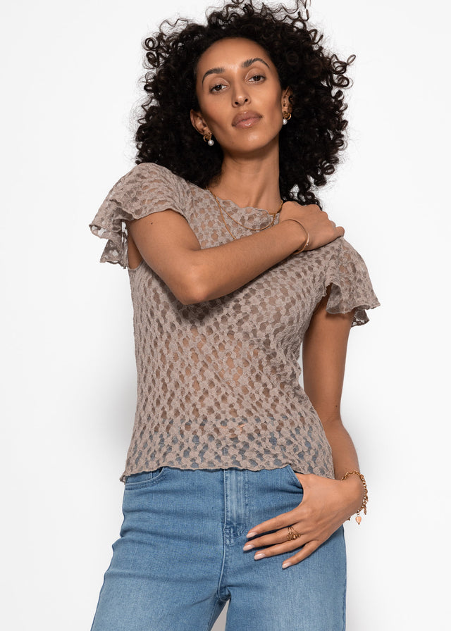 Spitzen T-Shirt mit Flügelärmel - taupe