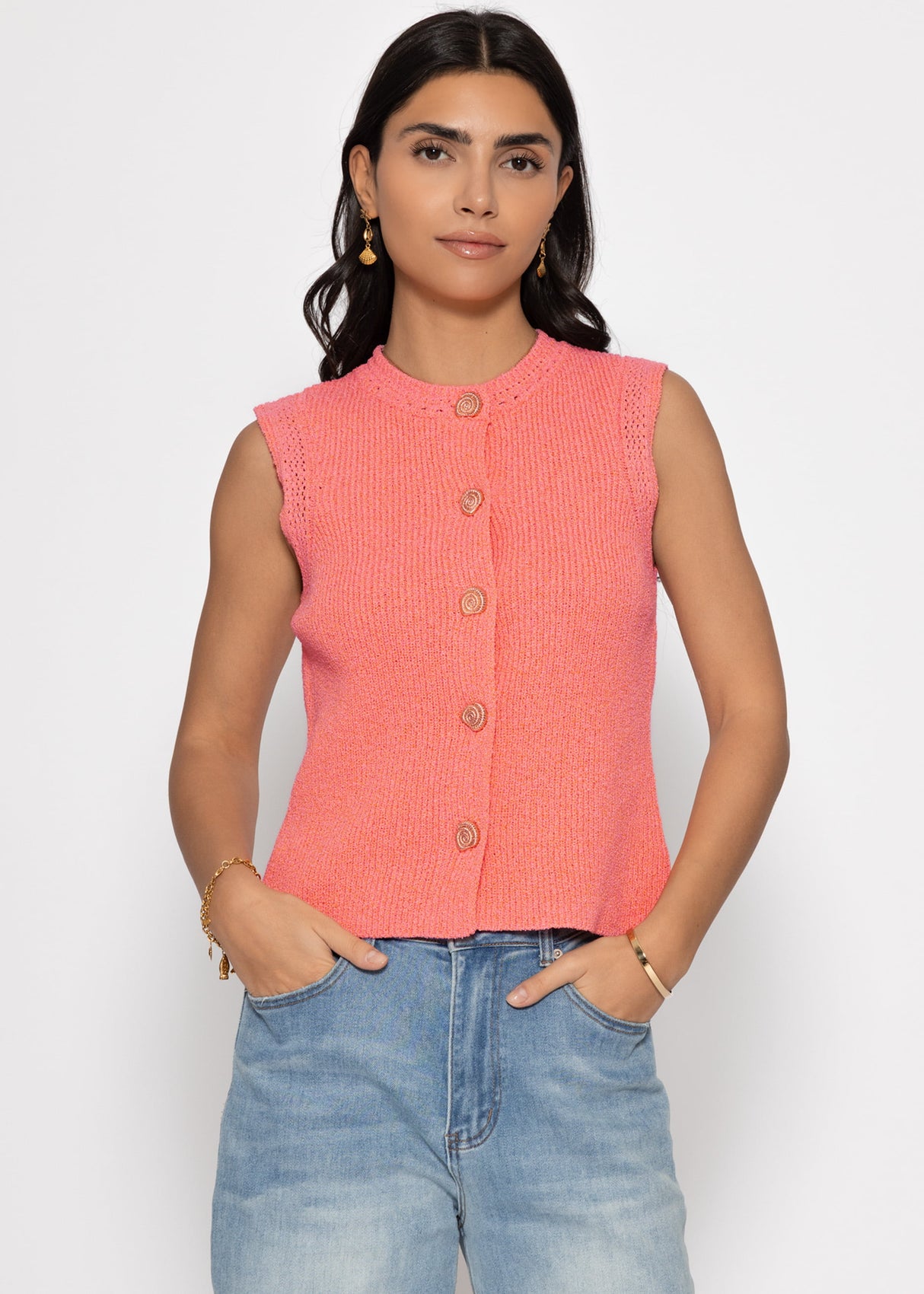 Knit top with shell buttons - coral