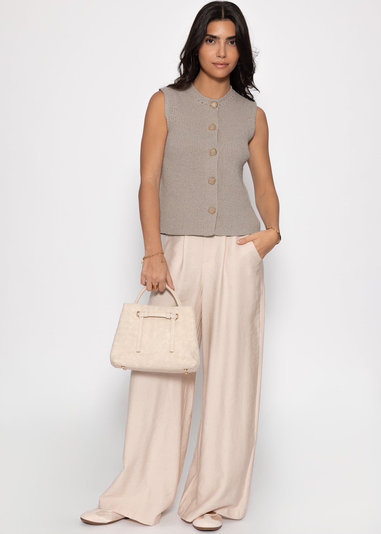 Knitted Top with Shell Buttons - Taupe