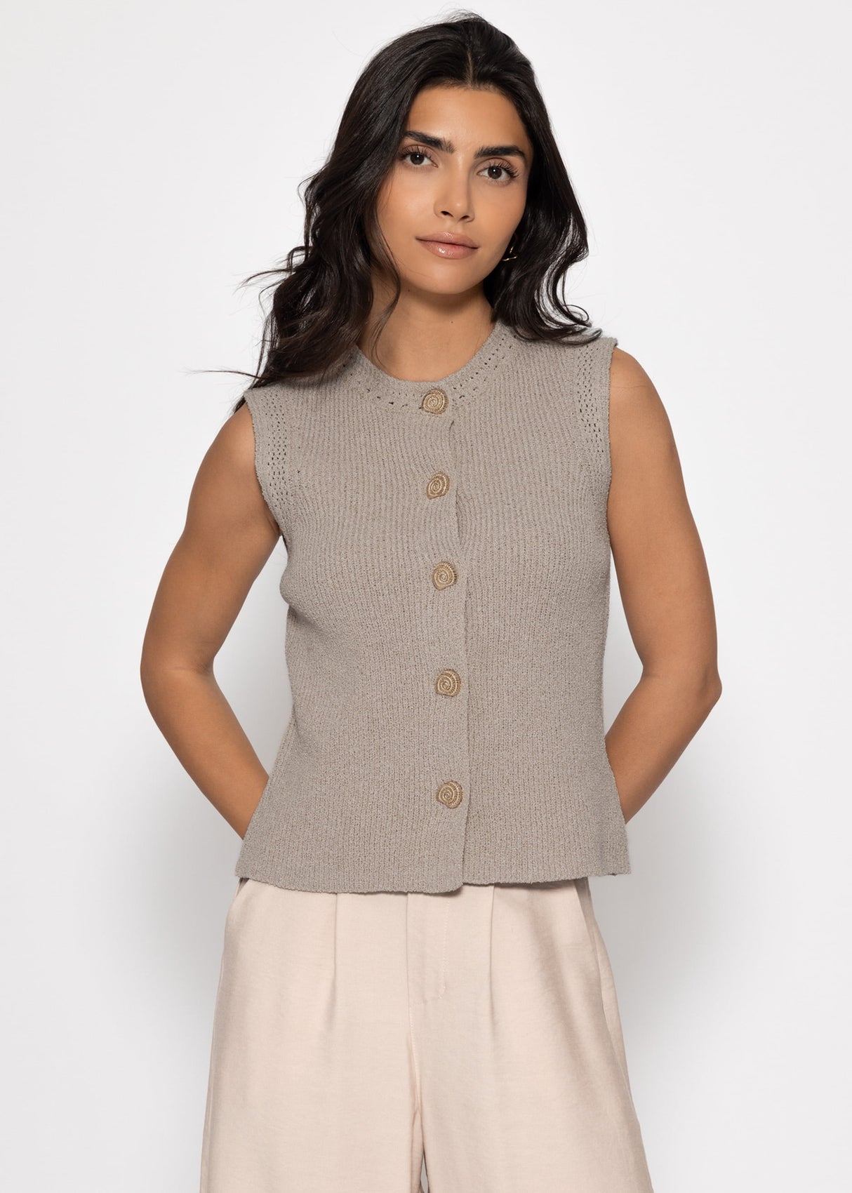 Knitted Top with Shell Buttons - Taupe